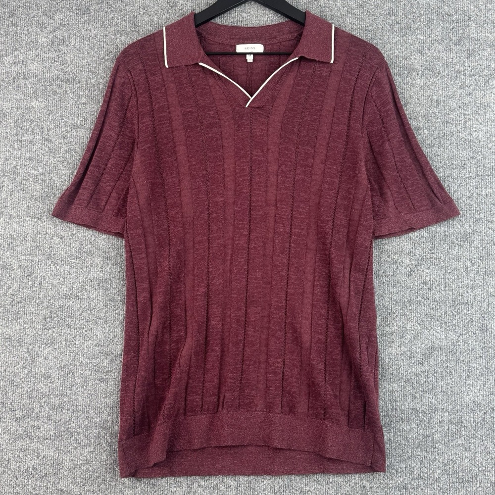 Reiss Polo Shirt Mens M Burgundy Linen Blend Ribbed Knit Open Collar Howden